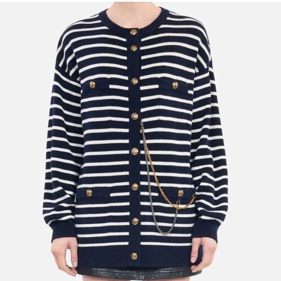 NWT The Kooples Striped Wool Cardigan Size 2 M Navy Cream Chain Oversized - Picture 2 of 14